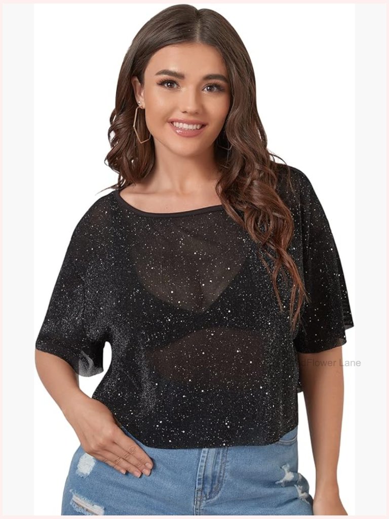 Plus Size Short Sleeve Sheer Mesh Tops T Shirt Blouse